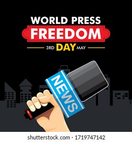 World press freedom day graphic illustration. Black background with hand and microphone ornament.