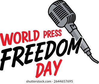 World Press Freedom Day graphic featuring a vintage microphone isolated on a white background.  Perfect for social media, websites, or print materials promoting press freedom.