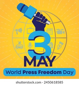 World Press Freedom Day illustration background with Wrist and Mic in hand. Celebrating Press Freedom and Encouraging Freedom of Speach in Media. 3 May International Day for Freedom of Journalism.