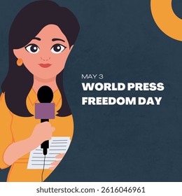 World Press Freedom Day, Illustration of a female reporter delivering news while holding a microphone as if she is broadcasting live. Vector illustration
