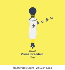 World Press Freedom Day also known as World Press Day vector, illustration. May 3. Newspaper, microphone, flying birds and ink pen design concept.