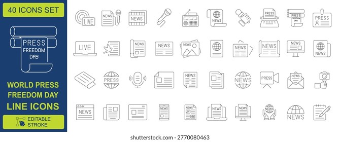 World Press Freedom Day line icons, 40 journalism and news media vector elements, professional broadcasting and mass communication outline symbols
