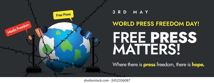 World Press Freedom Day. May 3rd World press freedom day celebration cover banner, post, horizontal banner in light black background with earth globe, microphones seized by barbed, fencing wire.