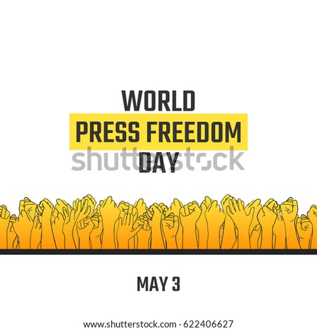 World press freedom day, May 3. Vector hand drawn illustration. Crowd of people with their arms raised, voting for free information. Isolated on white