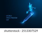 World Press Freedom Day with pencil and colibri bird, representing journalism, free speech, global media rights abstract concept. Glowing low polygonal design on blue background vector illustration.
