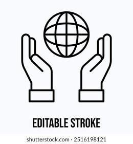 World Press freedom day vector icon, hand with globe grid, Isolated Lineal Vector Icon.