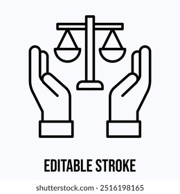 Icono de Vector del Día Mundial de la Prensa, balance de la ley de justicia con la mano, Icono de Vector Lineal Aislado.