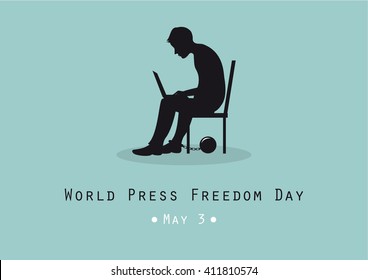 World Press Freedom Day vector. Man sitting with computer. Silhouette of a seated figure