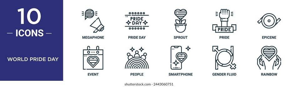 world pride day outline icon set includes thin line megaphone, pride day, sprout, pride, epicene, event, people icons for report, presentation, diagram, web design