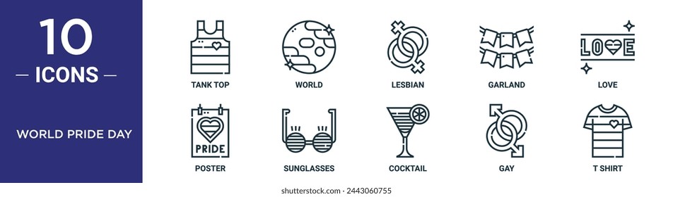 world pride day outline icon set includes thin line tank top, world, lesbian, garland, love, poster, sunglasses icons for report, presentation, diagram, web design