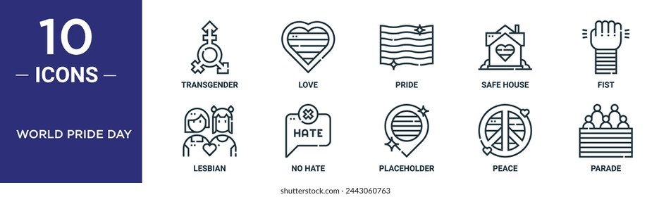 world pride day outline icon set includes thin line transgender, love, pride, safe house, fist, lesbian, no hate icons for report, presentation, diagram, web design