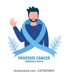 World prostate cancer awareness month. Man with blue ribbon logo in flat design on white background.