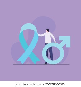 World prostate cancer awareness month. Man holding blue ribbon and male symbol