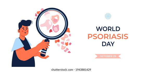 World Psoriasis Day or Awareness Month. 29 october. Plaques of psoriasis seen through a magnifying glass. Man with eczema dermatitis skin disease holding big magnifier. Isolated.