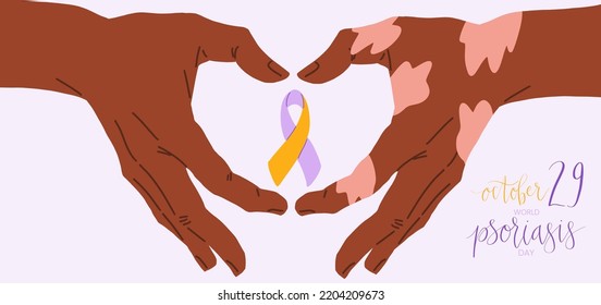 Día Mundial de la Psoriasis, 29 de octubre, letra manuscrita. Cinta de apoyo morado y naranja. Dibujo de plantillas vectoriales de banners web