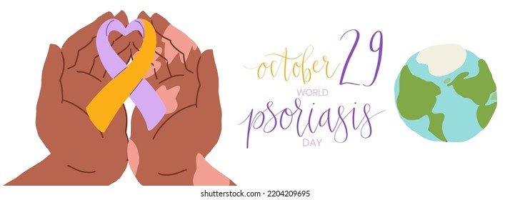 World Psoriasis Day October 29 handwritten lettering. Purple and orange support ribbon. Web banner vector template art
