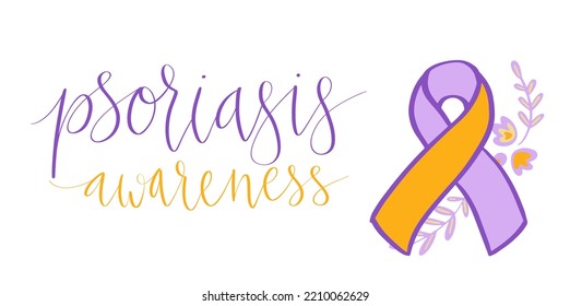 World Psoriasis Day October 29 handwritten lettering. Purple and orange support ribbon. Web banner vector template art