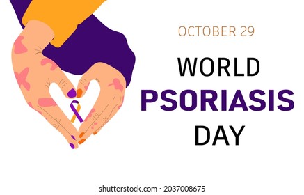 World Psoriasis Day in October 29th. Hands making heart shape holding awareness ribbon- orange and purple.  