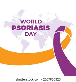 World Psoriasis Day vector. Purple and orange color awareness ribbon and world map silhouette icon vector isolated on a white background. October 29. Important day