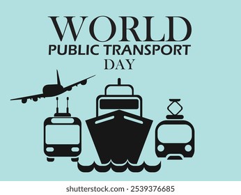 Dia Mundial dos Transportes Públicos. 10 de novembro. Transporte público, como ônibus, trem e avião. Tipografia do Dia Mundial do Transporte Público.