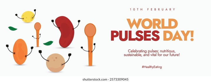 World pulses day. 10th February Pulses day poster or banner shows a variety of vegetables dancing and highlighting their vibrant colours and shapes symbolizing the importance of beans and pulses.