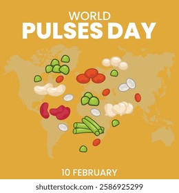 World pulses day. 10th February Pulses day poster or banner shows a variety of vegetables dancing and highlighting their vibrant colours and shapes symbolizing the importance of beans and pulses.