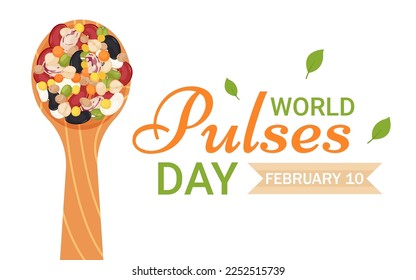 Banner del Día Mundial de las Pulsas. Diseño del logo del Día Mundial de la Lechuga, 10 de febrero. Cuchara con mezcla de frijoles con texto sobre ilustración vectorial de fondo blanco