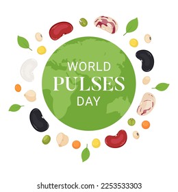 World Pulses Day design banner. Green planet with mix of beans. Benefits of grain legumes for the whole world. International event February 10th.