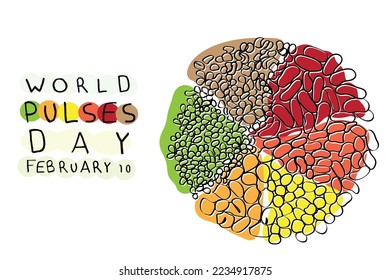 World pulses day observed on February 10. Earth day. Food day art concept. Vegan day. High protein legumes line art. Beautiful and colorful food art. Edible seeds. Staple dishes. Navy beans and lentil