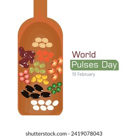 World Pulses Day vector, illustration. Varieties of pulses in the wooden spoon scoop concept design.