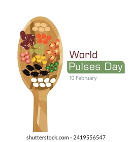 World Pulses Day vector, illustration. Varieties of pulses in the wooden spoon concept design.