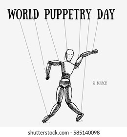 World Puppetry day. 21 march world cultural holiday event label, greeting card decoration graphic element. Hand drawn vector stock illustration.