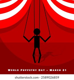 World Puppetry Day to celebrate on March 21st. Illustration of a puppetry on a performance stage.