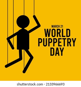 World puppetry day. March 21. Hanging puppet icon on yellow background. Poster or banner.