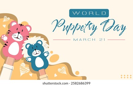World Puppetry Day Template. Funny wild animal puppet show with copy space area