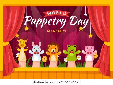 World Puppetry Day Vector Illustration on March 21 for Puppet Festivals which is moved by the Fingers Hands in Flat Kids Cartoon Background Design
