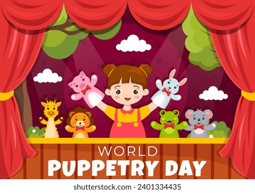 World Puppetry Day Vector Illustration on March 21 for Puppet Festivals which is moved by the Fingers Hands in Flat Kids Cartoon Background Design
