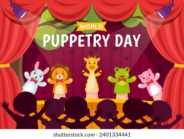 World Puppetry Day Vector Illustration on March 21 for Puppet Festivals which is moved by the Fingers Hands in Flat Kids Cartoon Background Design
