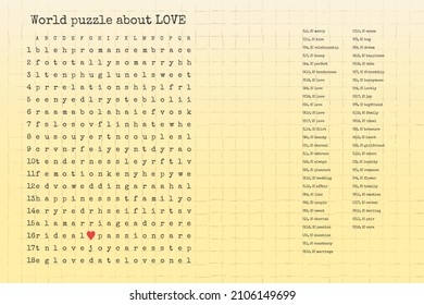 World puzzle crossword about love, iq game test in english
