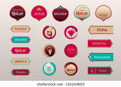 World of Qatar, set of icons, buttons, frames, arrows with traditional and modern graphic elements, 2022 trends, vector illustration