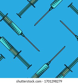 World Quarantine 2020 seamless patterns syringes. Vaccine for the treatment of people Coronavirus 2019-nсov, recovery and treatment for infections.