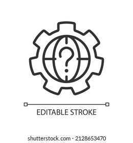 Lineares Icon zur Weltfrage. Internationale Problemlösung. Kommunikation und Wirtschaft. Dünne Illustration. Contour-Symbol. Vektorgrafik-Zeichnung. Bearbeitbarer Strich. Arithmetik verwendet