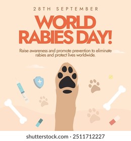 World Rabies Day. 28th September Rabies awareness day banner, post with a dog paw, bones, syringes. The day raise awareness about rabies and its prevention, a disease that transmitted from animals. 