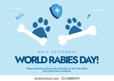 World Rabies Day. 28th September Rabies awareness day banner, post with dog paws, bones. The day raise awareness about rabies and its prevention, a disease that transmitted from animals to humans. 