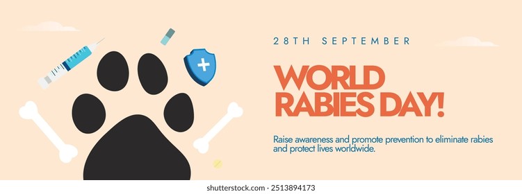 World Rabies Day. 28th September Rabies awareness day cover banner, post with a dog paw, bones, syringes. The day raise awareness about rabies and its prevention, disease that transmitted from animals