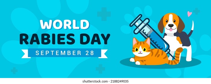 World Rabies Day Greeting Card Banner Vector Design. Cute Cartoon Beagle Dog And Orange Tabby Cat