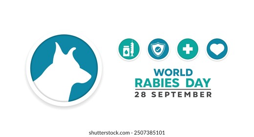 World Rabies Day. Pet, syringe, shield, plus icon and heart. Great for cards, banners, posters, social media and more. White background.