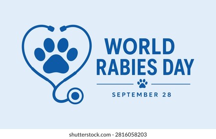 World Rabies Day September 28 Awareness Banner with Stethoscope Heart and Paw Print Flat Vector Illustration, World Rabies Day Veterinary Awareness Poster Featuring Paw Print, Stethoscope and Pet Health Minimal Vector Design, 
