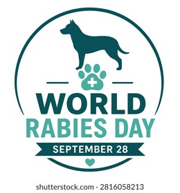 World Rabies Day September 28 Awareness Banner with Dog Silhouette and Paw Print Flat Vector Illustration, World Rabies Day Veterinary Awareness Poster Featuring Dog, Medical Paw Icon and Pet Vaccination Minimal Vector Design, 