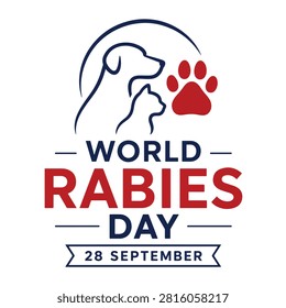 World Rabies Day September 28 Awareness Banner with Dog and Cat Line Art Flat Vector Illustration, World Rabies Day Pet Vaccination Awareness Poster Featuring Dog, Cat and Paw Print Minimal Veterinary Vector Design, 
